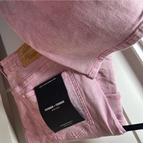 HOMME + FEMME LA  distressed flare cargo jeans w/straps washed LIGHT PINK - Picture 5 of 9